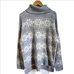 CUPCAKES & CASHMERE Grey & White Fair Isles Knit Turtleneck Sweater Extra-Large